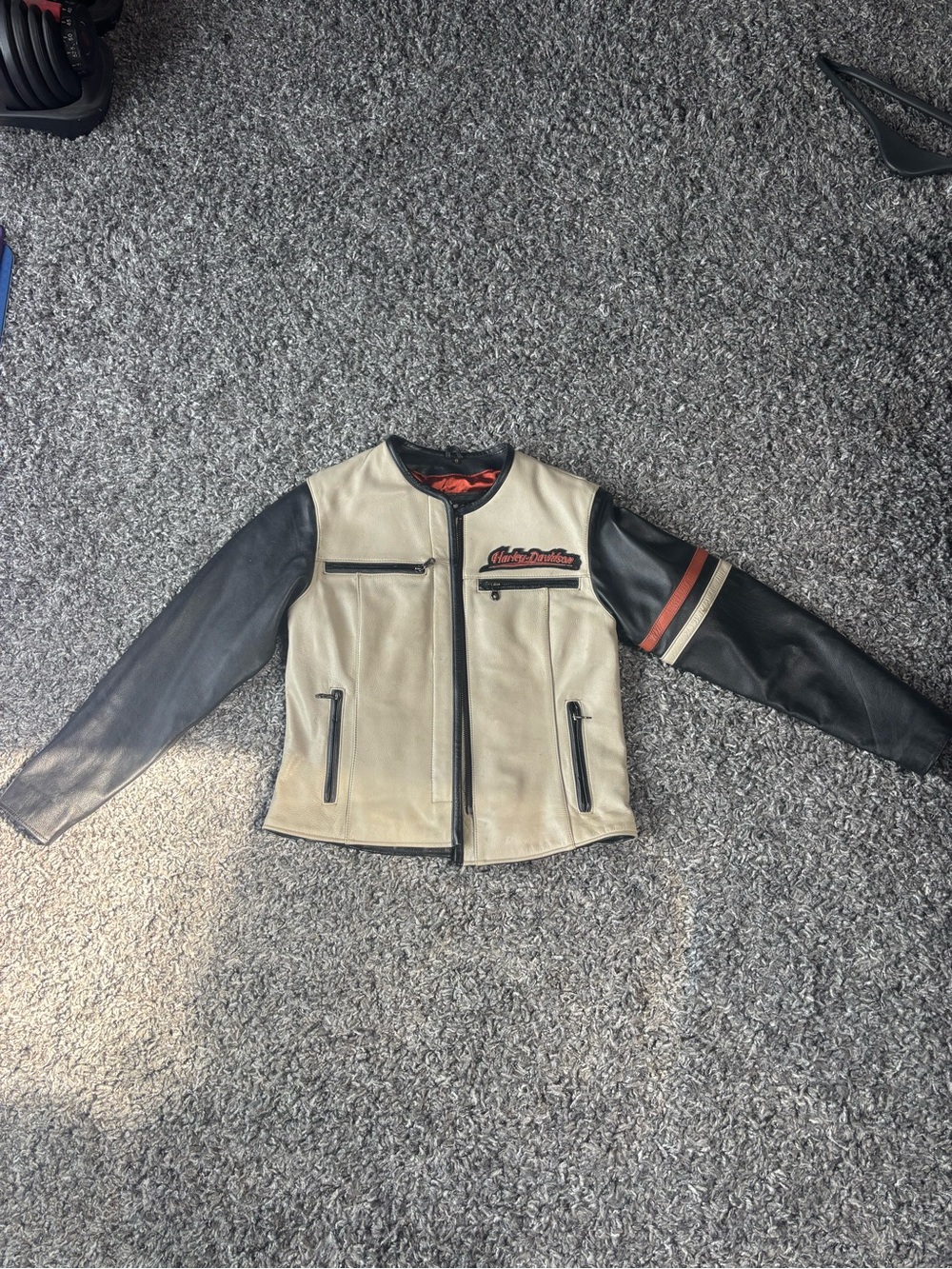 Harley-Davidson Black, Cream & Orange Stripe Leather Jacket